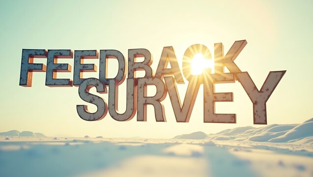 Feedback survey announcement in a snowy landscape with bright sun visibility