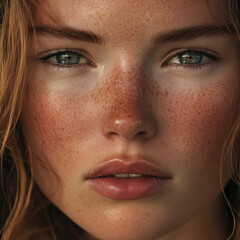 Fototapeta premium Close-up portrait of a young woman with freckles, natural beauty, and soft sunlight. Part of a premium photo series highlighting authentic, radiant skin and expressive details.