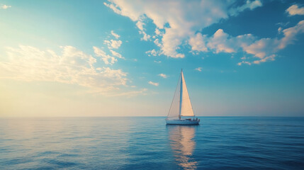 Fototapeta premium Sailing yacht on calm sea under blue sky with clouds