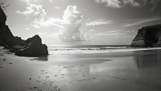 Monochrome Seaside Landscape with Rocky Shoreline and Dramatic Cloud Patterns Over Calm Ocean Waves