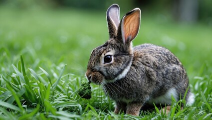 Fototapeta premium Cute Rabbit Grazing on Lush Green Grass in a Natural Outdoor Setting
