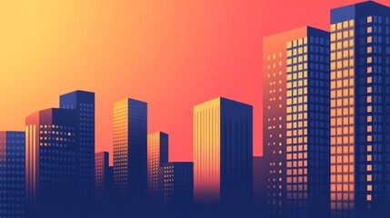 Vibrant city skyline at sunset with colorful gradient background and silhouetted buildings