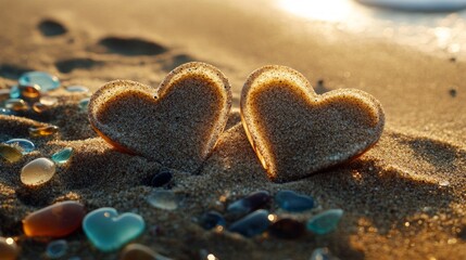 Obraz premium Two Sandy Hearts on a Beach at Sunset
