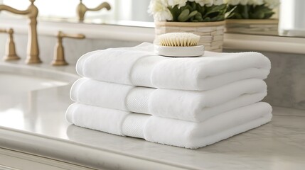 Three neatly folded white bath towels on a marble countertop in a bright bathroom.