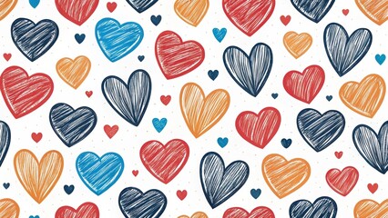 Vibrant Hand-Drawn Heart Pattern in Red, Blue, and Orange
