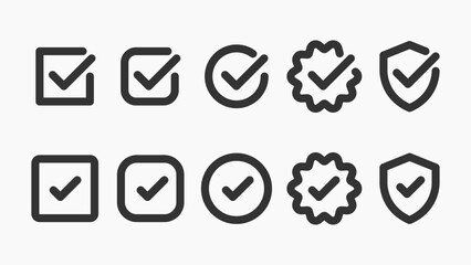 Set of checkmark icons in various shapes: square, circle, badge, shield. Simple, bold checkmark designs for approval, completion, and verification themes. Vector element set.
