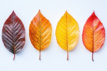 Autumnal Symphony Four Colorful Leaves Displaying Vibrant Fall Hues on White Backdrop Capturing Seasonal Beauty and Botanical Detail