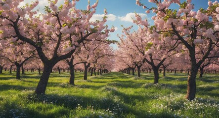 Obraz premium Springtime Orchard with Blossoming Cherry Trees and Lush Green Grass Under Bright Blue Sky Ideal for Text Overlay