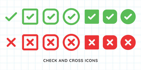 Green check marks and red X marks. Check marks indicate approval. X marks indicate rejection. Simple symbols for yes and no. Clear visual for correct and incorrect. Vector element set.