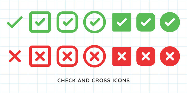 Green check marks and red X marks. Check marks indicate approval. X marks indicate rejection. Simple symbols for yes and no. Clear visual for correct and incorrect. Vector element set.