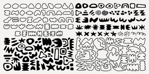 Fototapeta premium Abstract black shape. Various abstract forms, abstract patterns, and abstract designs create a dynamic abstract composition. Black and white vector set.