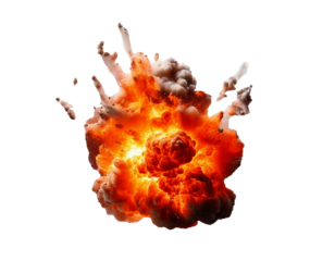 Realistic, detailed explosion with fire, smoke, and debris frozen in mid-air, isolated on a black background, showcasing intense energy, motion, and chaos captured in a dramatic moment.

