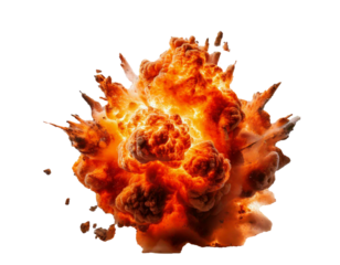 Realistic, detailed explosion with fire, smoke, and debris frozen in mid-air, isolated on a black background, showcasing intense energy, motion, and chaos captured in a dramatic moment.

