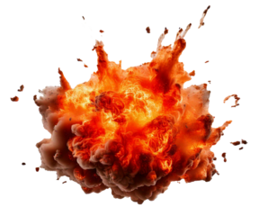 Realistic, detailed explosion with fire, smoke, and debris frozen in mid-air, isolated on a black background, showcasing intense energy, motion, and chaos captured in a dramatic moment.

