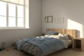 Minimalist Bedroom with Wooden Bed and Striped Bedding