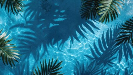 Fototapeta premium Tropical Leaves Casting Shadows on Crystal Clear Blue Water Surface Background