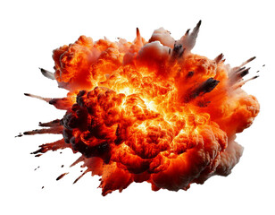 Realistic, detailed explosion with fire, smoke, and debris frozen in mid-air, isolated on a black background, showcasing intense energy, motion, and chaos captured in a dramatic moment.

