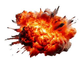 Realistic, detailed explosion with fire, smoke, and debris frozen in mid-air, isolated on a black background, showcasing intense energy, motion, and chaos captured in a dramatic moment.

