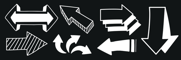 Collection of hand-drawn arrows in various directions on a black background. Includes thick, thin, curved, and straight arrows in white. Hand drawn element vector set.