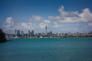 Fototapeta premium Looking over Auckland Harbour and a skyline of Auckland City from a suburb of Birkinhead. North Island, New Zealand