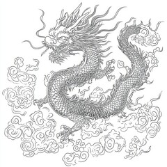 Majestic Asian Dragon Amidst Swirling Clouds - Line Art Illustration