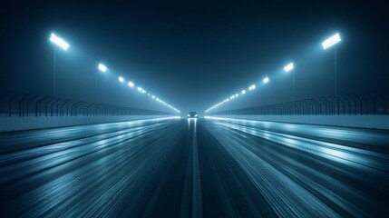Drag racing car racing down a straight track at night under floodlights. Featuring precision and intensity