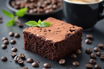 Delicious chocolate brownie with cocoa powder and fresh mint leaves near coffee cup and coffee beans on dark table