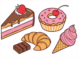 Colorful illustration of desserts strawberry-topped cake slice, cherry donut, croissant, chocolate bar, and pink ice cream cone in a waffle cone