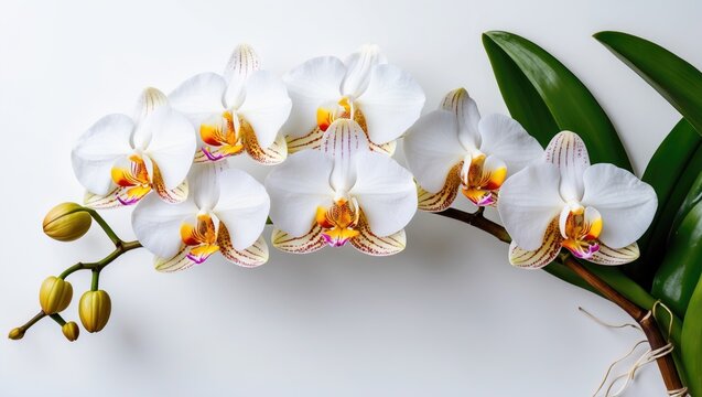 Elegant tropical white orchids on a white background showcasing delicate petals and fresh greenery perfect for floral design concepts.