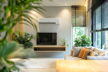 Modern living space with air conditioning and indoor greenery