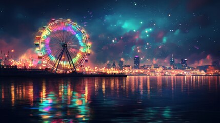 Vibrant Ferris Wheel Illuminating City Skyline at Night