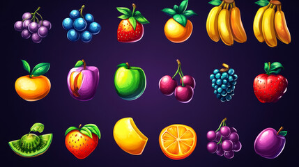 Gold game fruits isolated icons for casino slot machine. Gambling, lotteries, mobile puzzle ui elements. Bananas, cherry, blueberry, apple, watermelon, raspberry, grapes and orange bonus 3d vector set