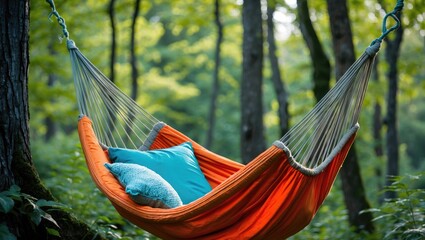 Cozy Orange Hammock with Cushions Nestled Among Lush Green Trees in Serene Forest Setting