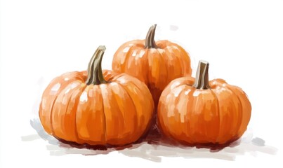 Obraz premium Three vibrant orange pumpkins arranged artistically on a white background, ideal for autumn themes