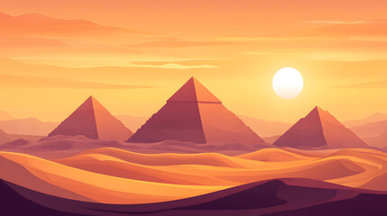 Golden hour over sandy dunes, iconic pyramids silhouette against a warm sunset, perfect for travel inspiration and reflections.