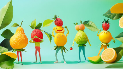 Set of cartoon fruits party poster templates. Vector illustration of colorful flyers with happy young people wearing funny gooseberry, peach, lemon costumes. Invitation for summer entertainment