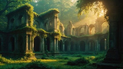 Ancient Stone Ruins Enveloped by Lush Forest with Dramatic Lighting and Ample Space for Textual Overlay