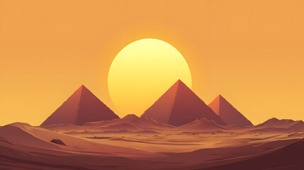Desert landscape at sunset, golden sun setting behind iconic pyramids, serene atmosphere, perfect for travel or adventure themes.