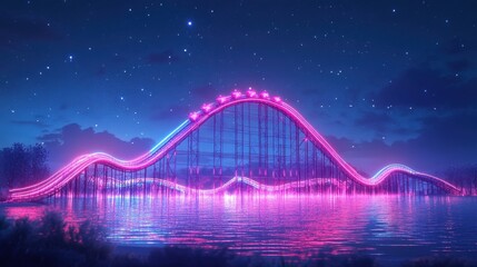 Obraz premium Vibrant Roller Coaster Lights Reflected in Calm Water at Night