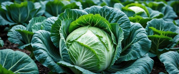 Obraz premium Vibrant Green Cabbage Heads Nestled Amongst Lush Vegetable Garden Foliage Illustrating Healthy Organic Farming Practices