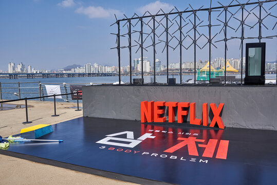 Promotional stand for 3 Body Problem Netflix science fiction television series in Seoul, South Korea