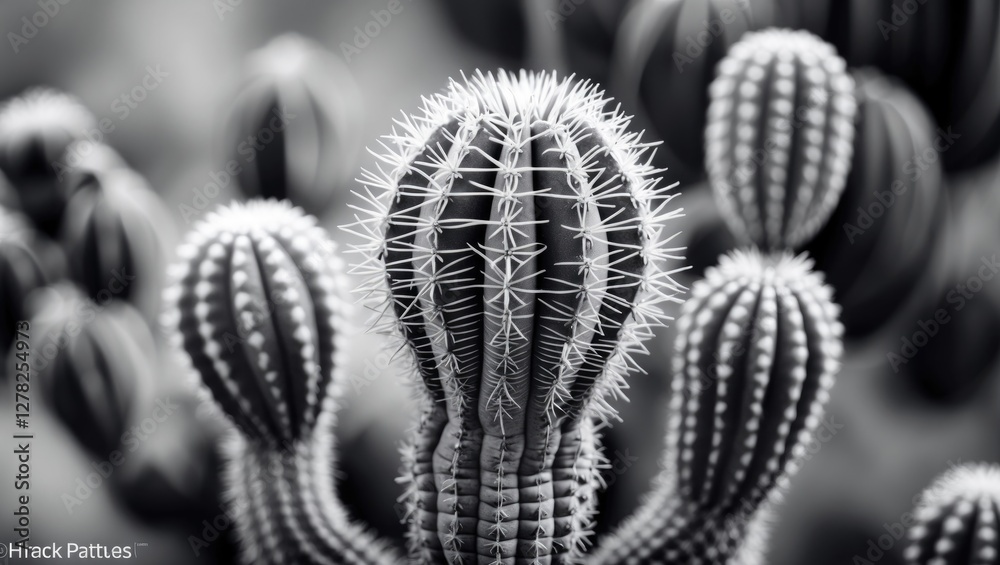 Poster monochrome cactus close-up abstract texture with intricate spines and natural patterns for creative 