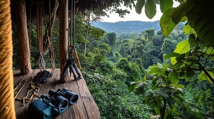 The view from a wooden treehouse nestled among dense green foliage