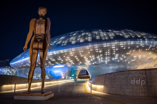 Dongdaemun Design Plaza landmark in Seoul, South Korea, futuristic building designed by architect Zaha Hadid