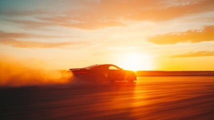 Drag racing car racing down an empty track during a sunset. Featuring speed and beauty