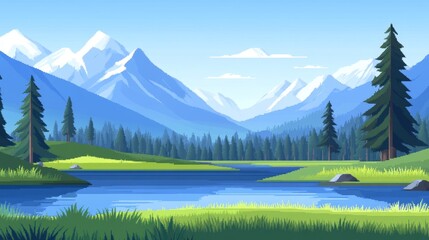 Serene mountain landscape with a tranquil lake, lush greenery, and distant peaks under a clear sky