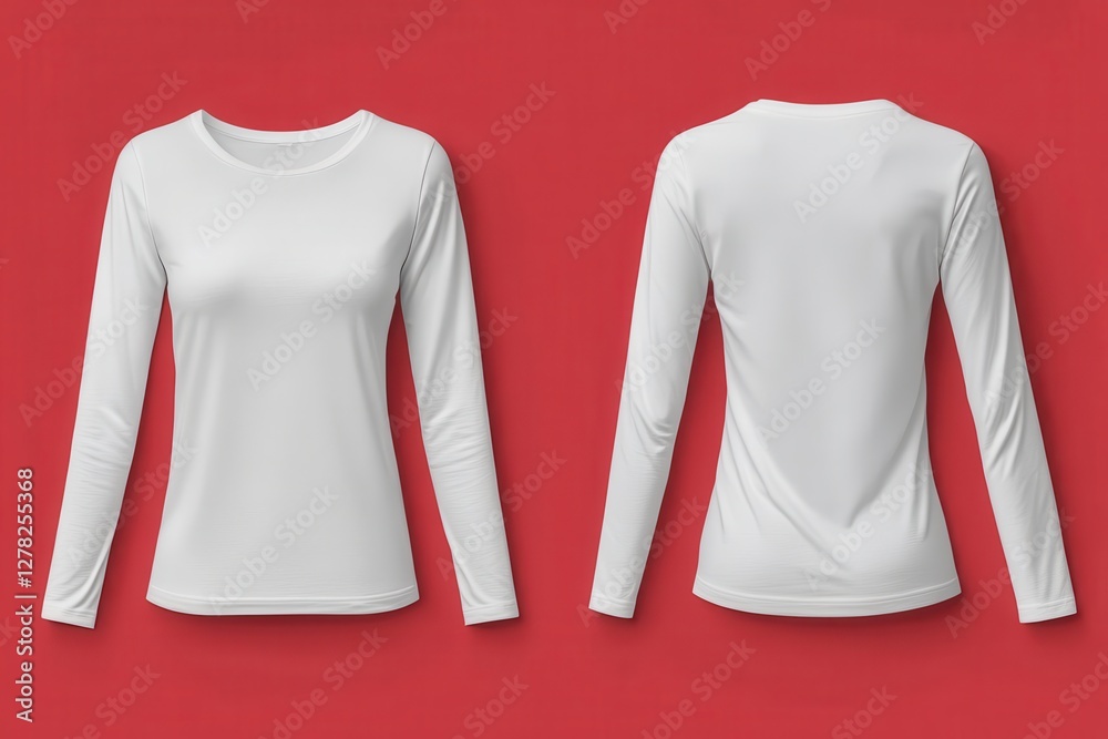 Poster long sleeve white shirt displayed against a vibrant red background showcasing its design and cut fro