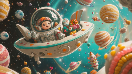 Space party cartoon banners with cute kid astronaut and alien in ufo saucer on fantasy planet landscape with sweets and candies around. Birthday celebration invitation, cosmic themed vector posters