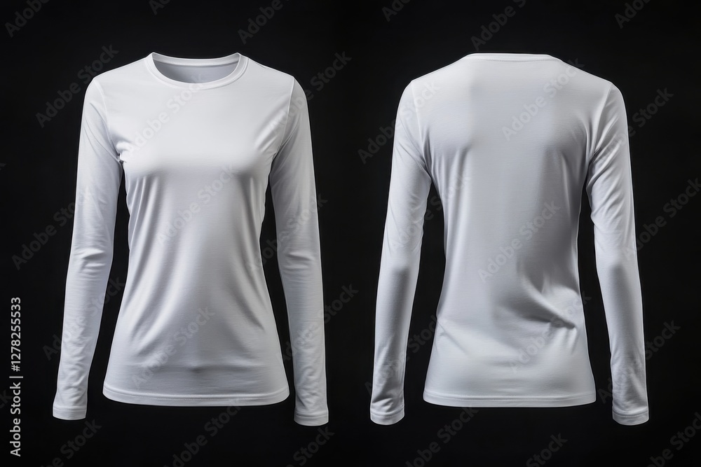 Poster long sleeve white shirt displayed from front and back on a black background highlighting its design 