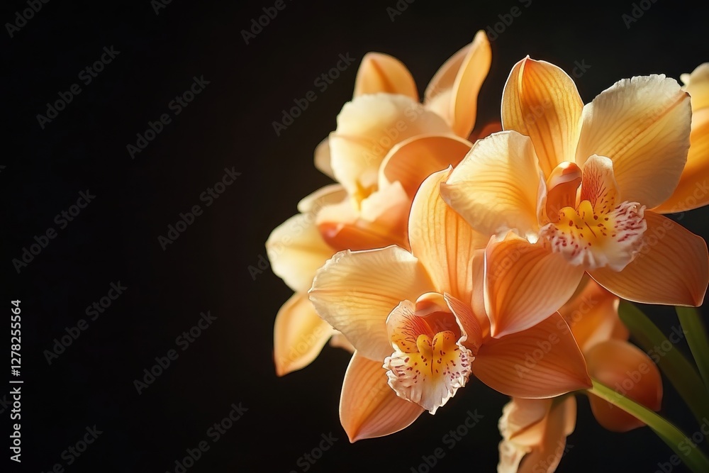Poster delicate orange orchids in full bloom against a dark background showcasing their vibrant colors and 